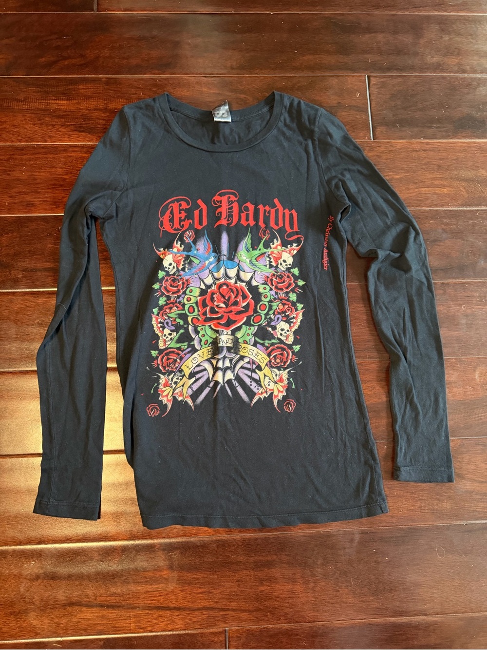 Vintage Ed Hardy Black Long Sleeve Graphic Tee Love & Roses Small Y2K McBling